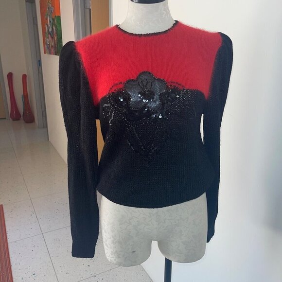 Michelle Stuart Vintage Womens Sweater Size 12 Black Mixed Knit Sequin Beaded - Picture 1 of 8